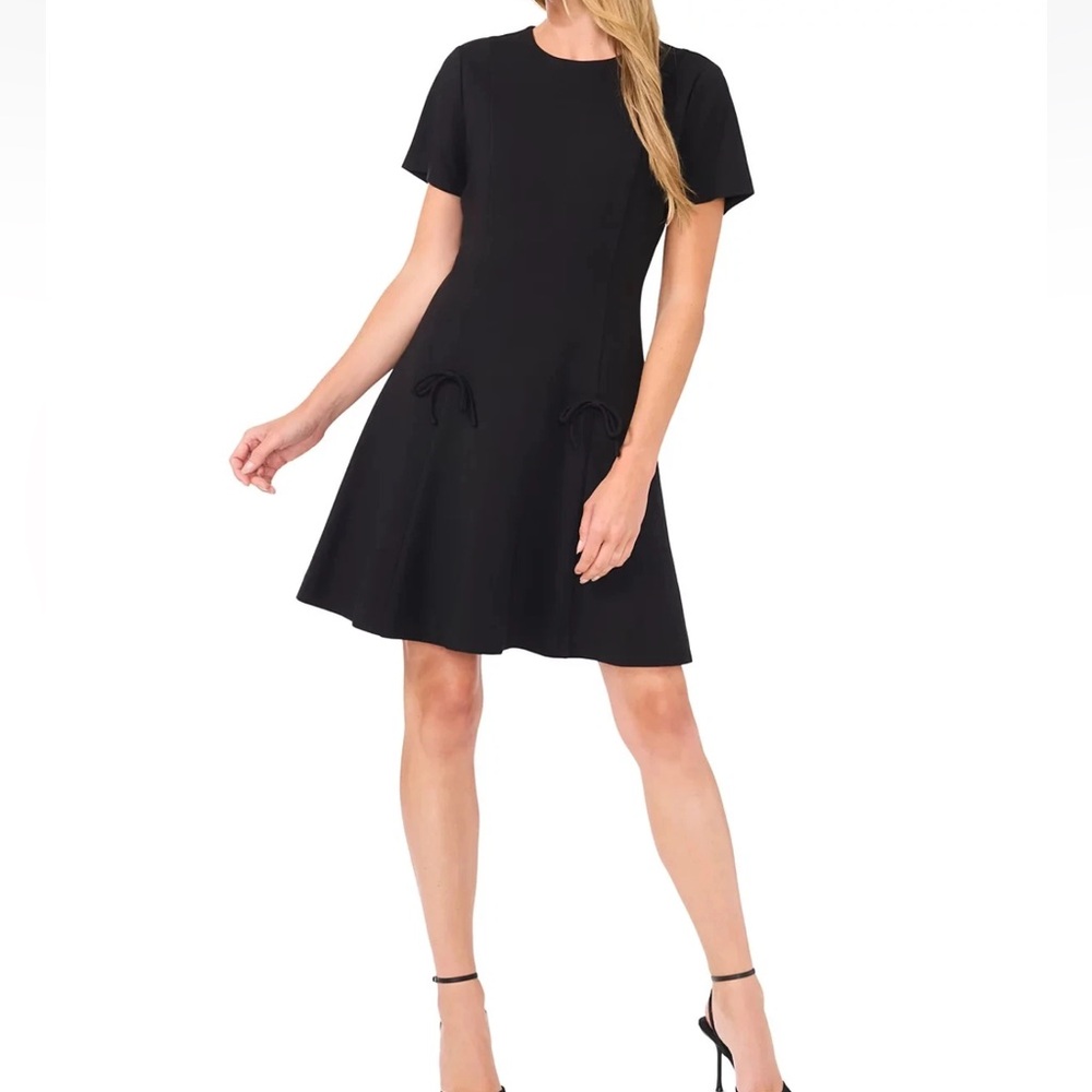 CeCe Women's Short-Sleeve Fit & Flare Bow-Trim Dress Black Size 6